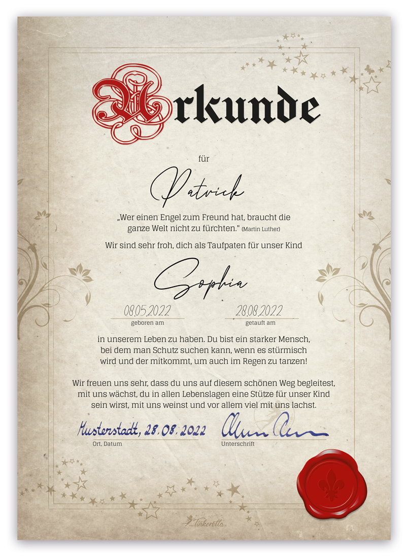 01 Tinkerella Taufpaten-Urkunde „Klassisch“