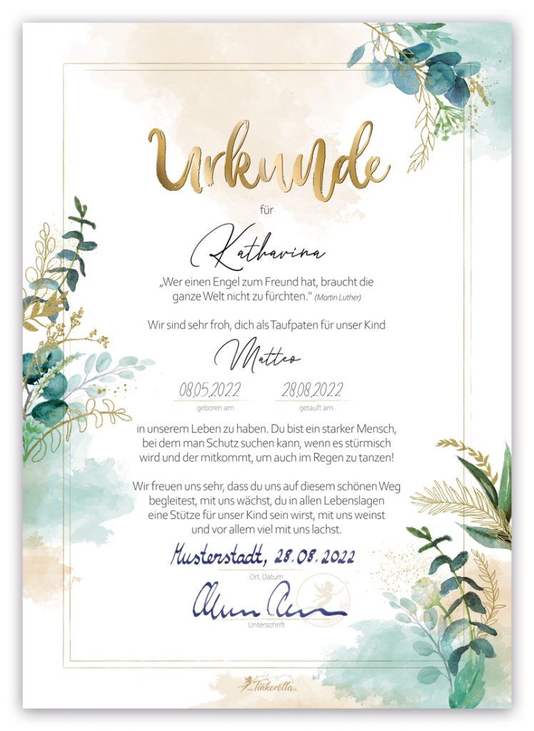 Tinkerella Taufpaten-Urkunde Flora