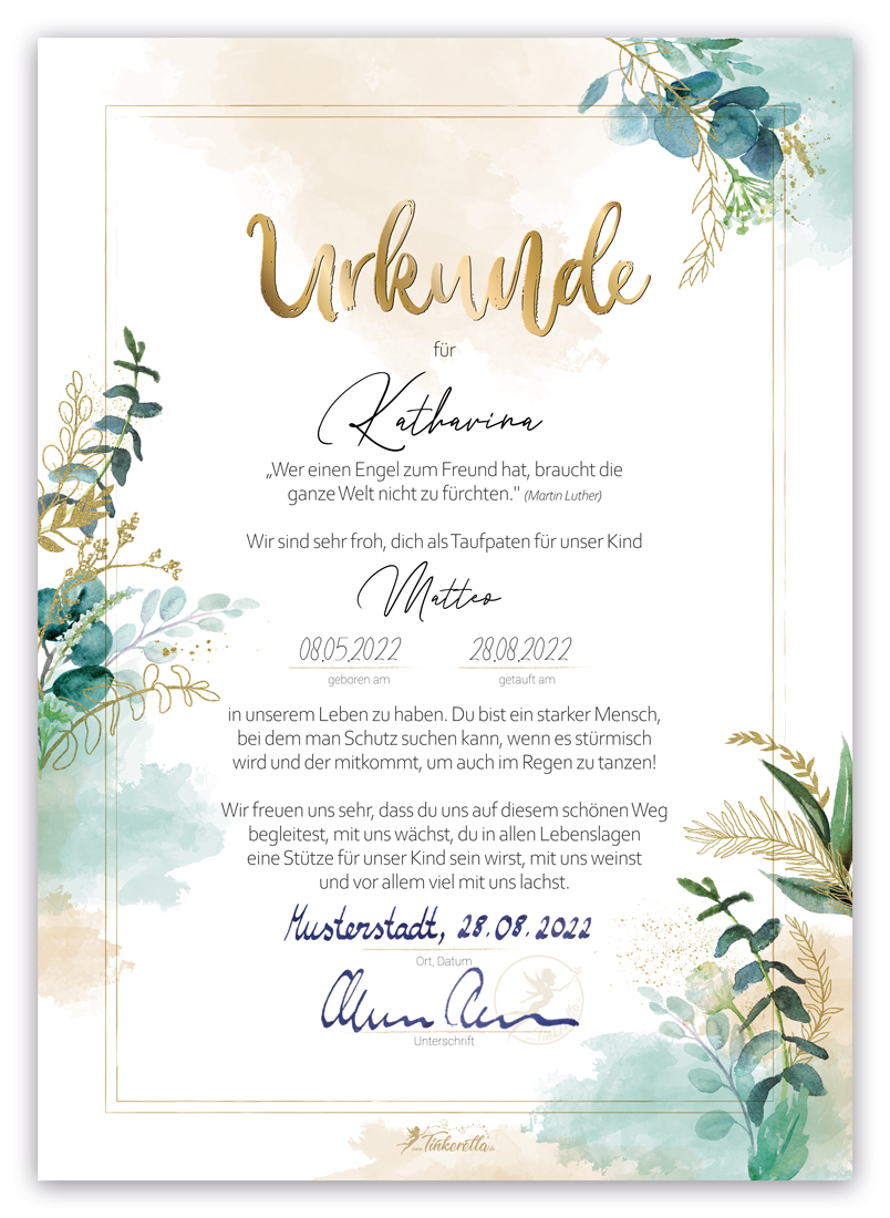 Tinkerella Taufpaten-Urkunde Flora