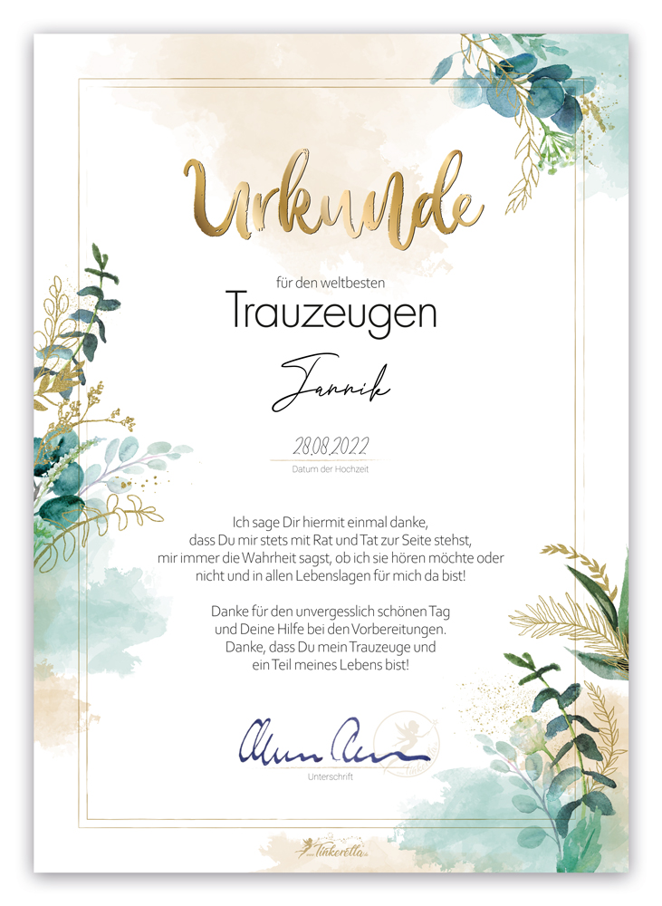 Tinkerella Trauzeugen-Urkunde "Flora"